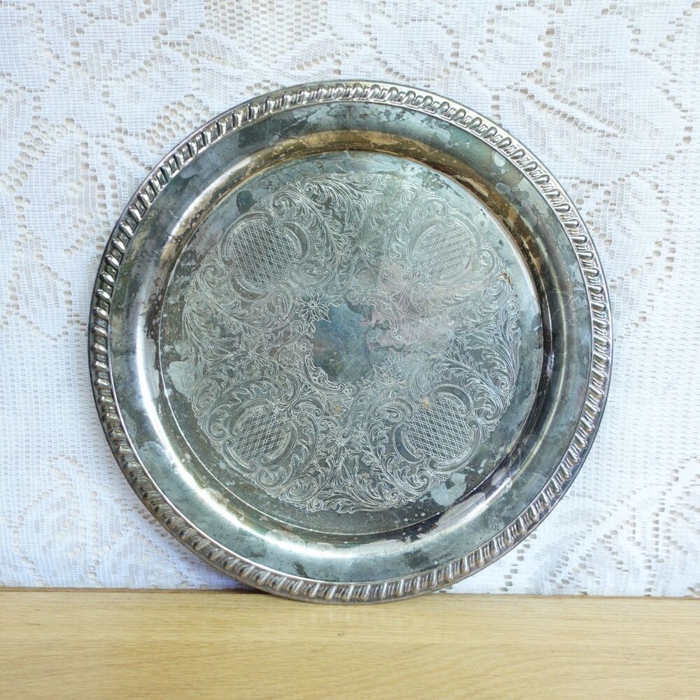 Leonard Silverplated Platter 12 in Tarnish Vanity Tray Italy Patina Etched Lace